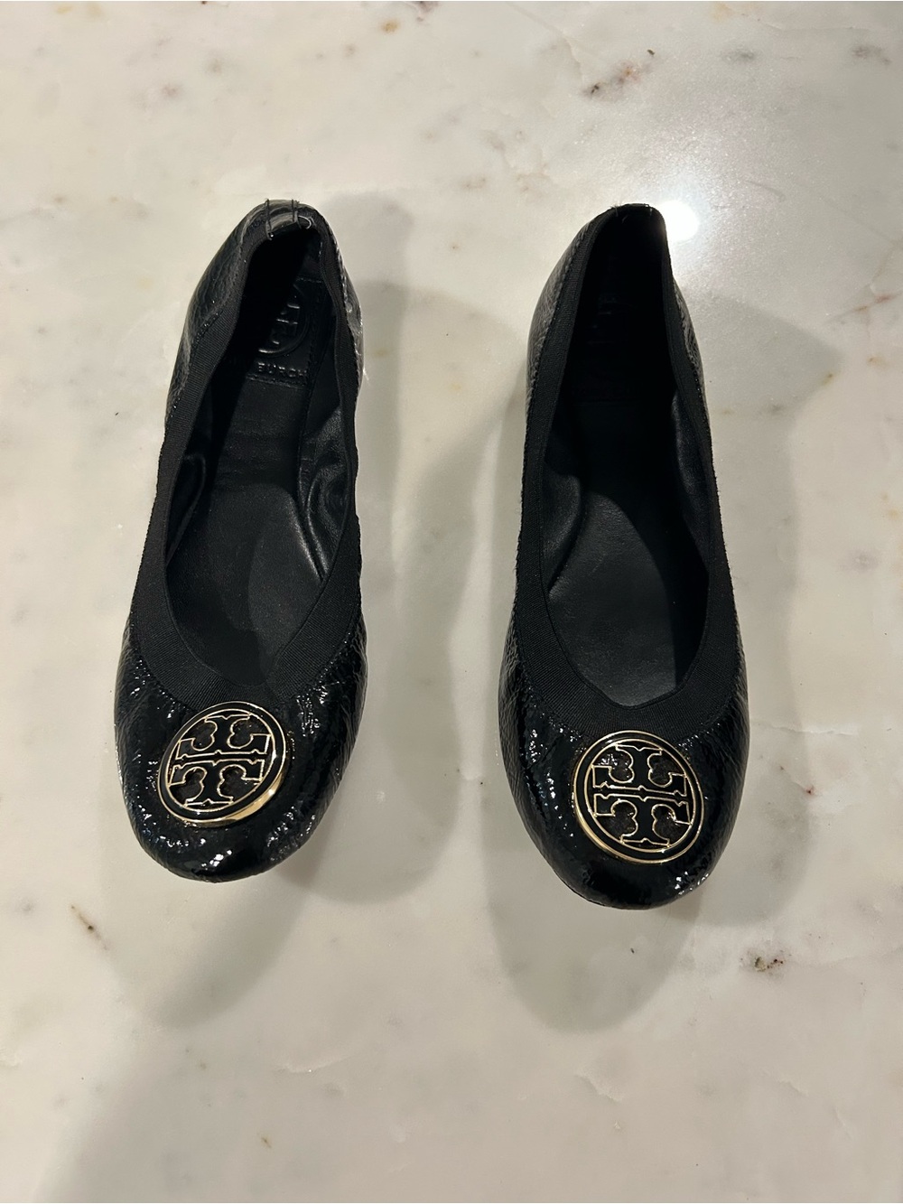 Tory Burch Caroline Black Patent Ballet Flats with Gold Emblem 6.5 US